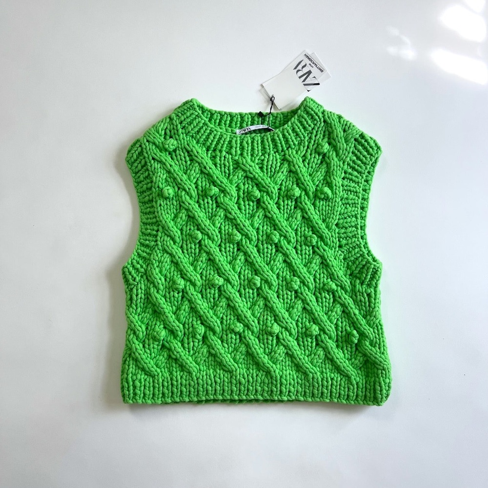 Brat Zara neon green woven handcrafted chunky knit vest
